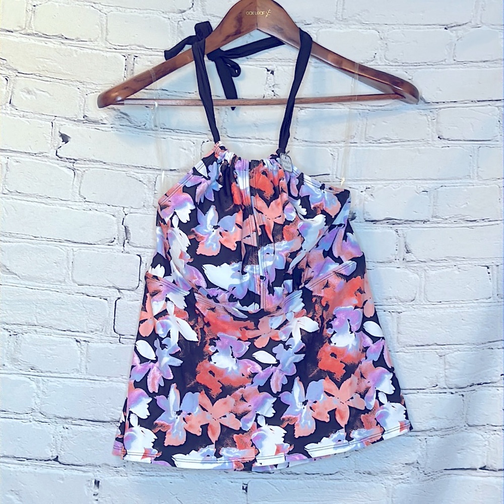Time & Tru Black Orange Purple Halter Tie Tankini Swimsuit Top Size Medium 8-10
